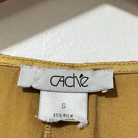 Vintage Cache Silk Ruffle Tank Top Size S Mustard Yellow Y2K Feminine Flowy - Picture 5 of 5